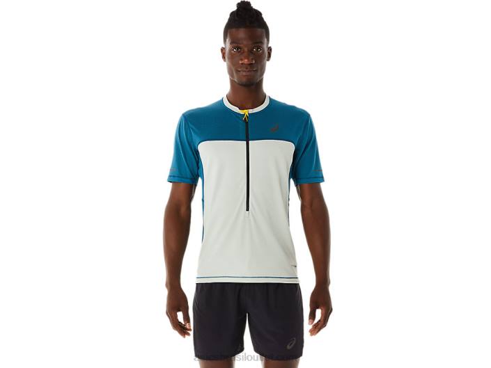 blusa manga curta fujitrail masculina 462T465 tinta azul-petróleo/sálvia clara Asics