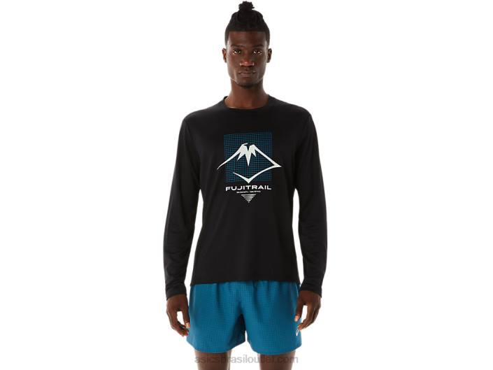 blusa masculina de manga longa com logo fujitrail 462T508 desempenho preto Asics