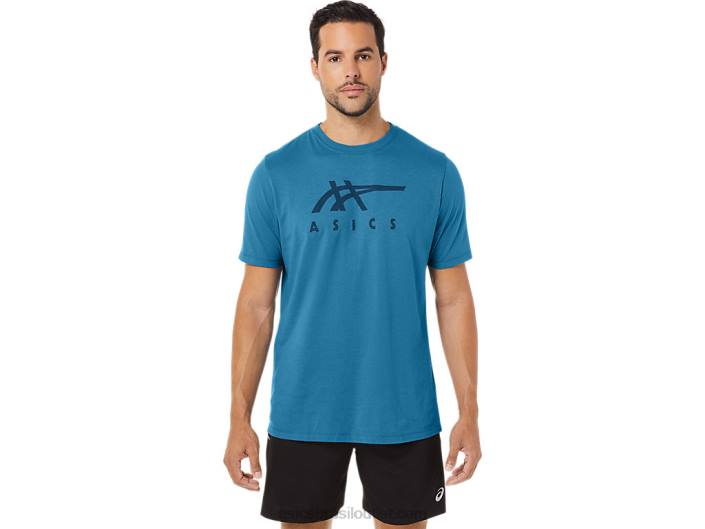 camiseta de manga curta listrada 462T166 urze azul da ilha Asics