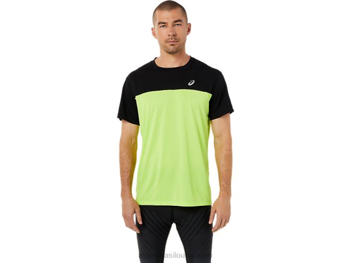 top de corrida masculino de manga curta 462T1415 desempenho preto/verde perigoso Asics