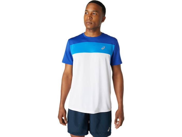 top de corrida masculino de manga curta 462T1745 branco brilhante/azul monaco Asics