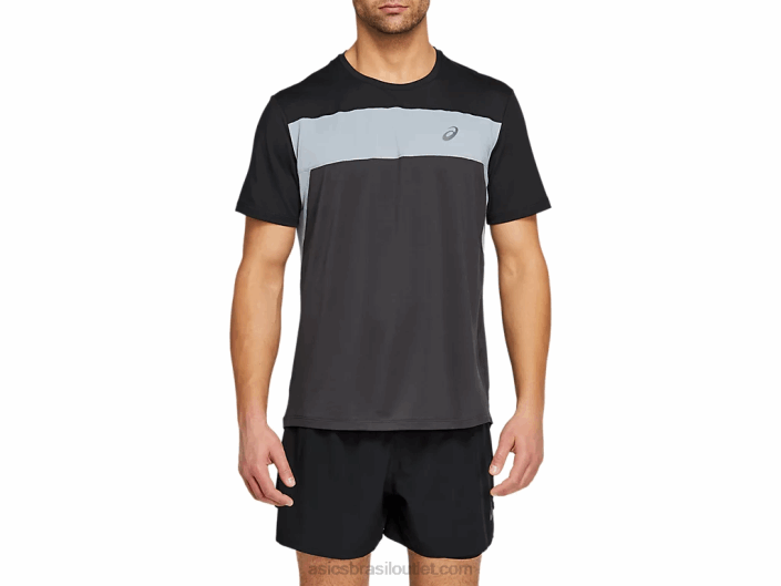 top de corrida masculino de manga curta 462T2052 cinza grafite/preto desempenho Asics
