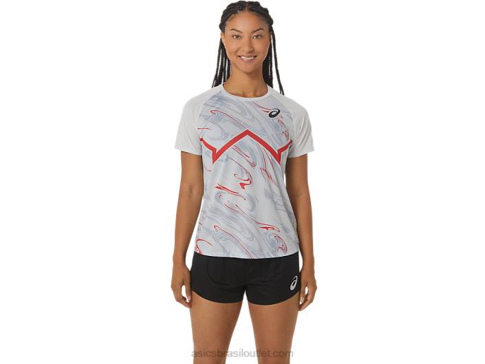 blusa de manga curta leve cj-line feminina 462T2329 cinza glaciar/vermelho elétrico Asics