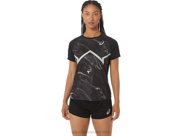 blusa de manga curta leve cj-line feminina 462T2337 desempenho preto/verde sussurrante Asics