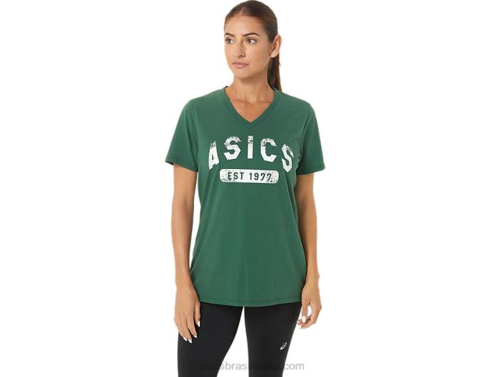 camiseta feminina de manga curta est 1977 com decote em V 462T2726 urze verde caçador Asics