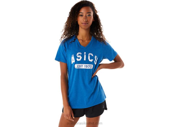 camiseta feminina de manga curta est 1977 com decote em V 462T2982 passeio do lago Asics