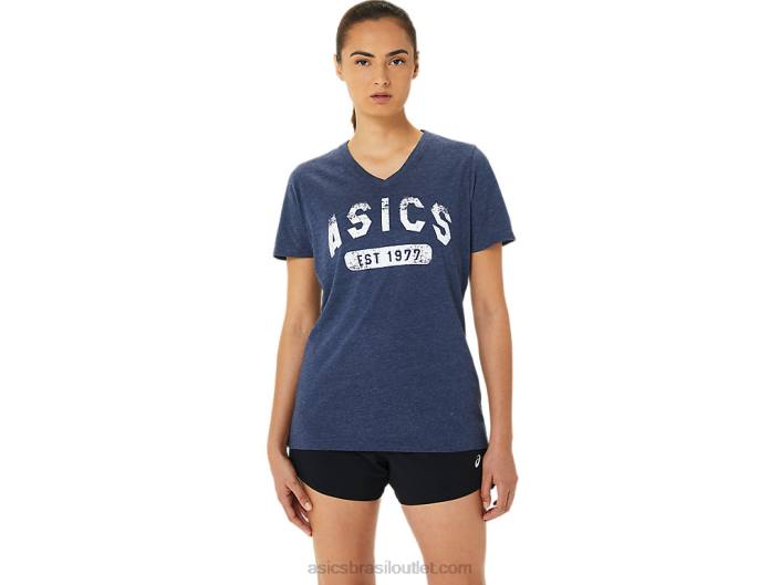 camiseta feminina de manga curta est 1977 com decote em V 462T3202 casaco de urze Asics