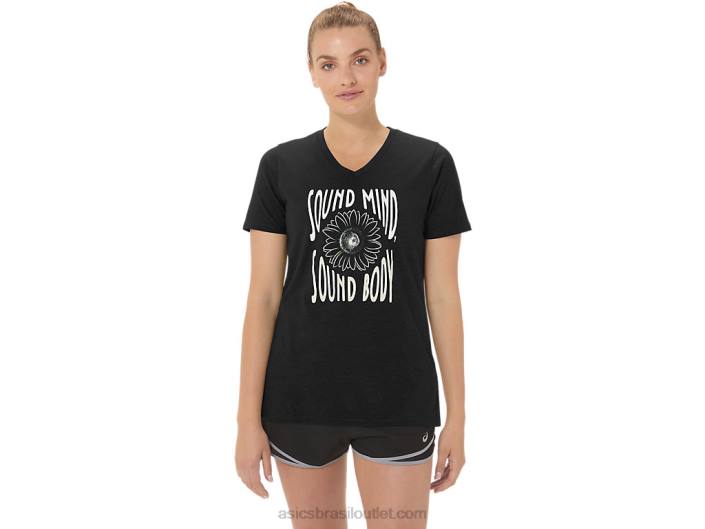 decote em V feminino com slogan girassol 462T2191 desempenho preto Asics