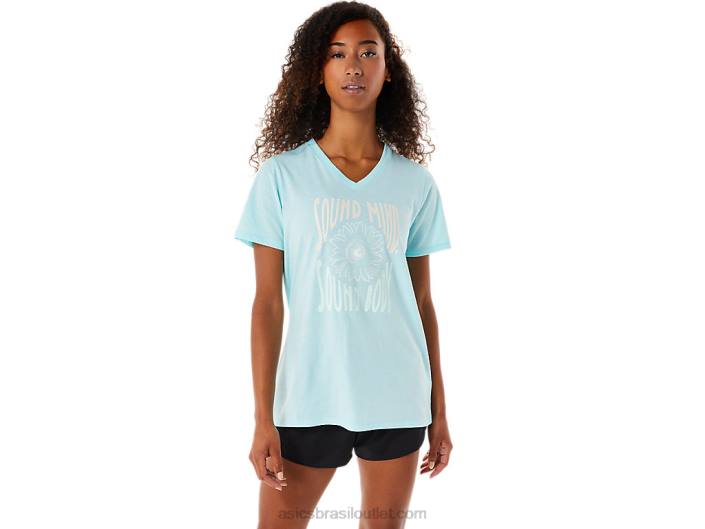 decote em V feminino com slogan girassol 462T3144 azul limpo Asics