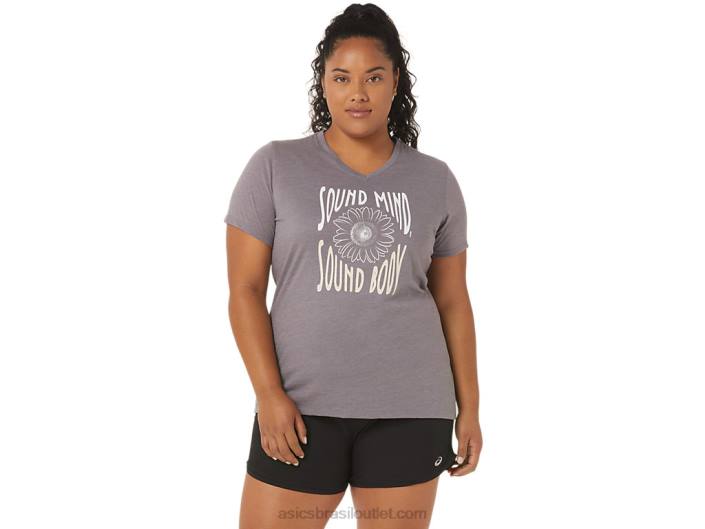 decote em V feminino com slogan girassol 462T3201 urze cinza lavanda Asics
