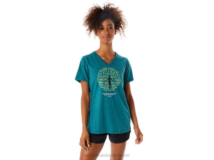 decote em V gráfico feminino w 462T3319 urze de pinheiro de veludo Asics