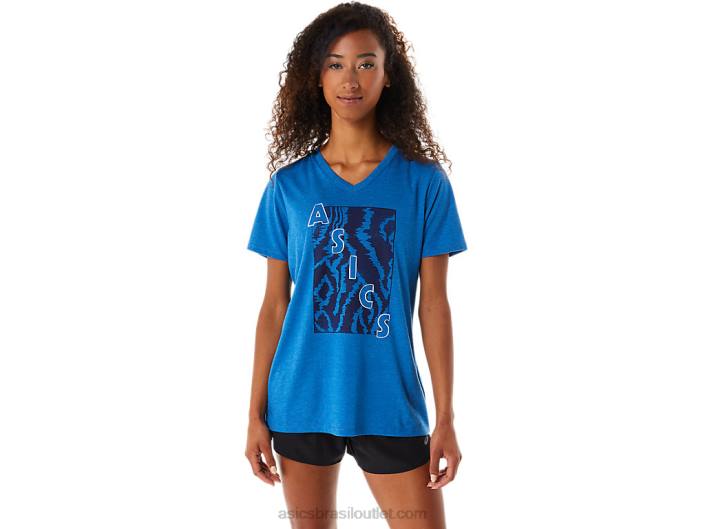 manga curta estampada decote v feminino 462T2818 urze do passeio do lago Asics
