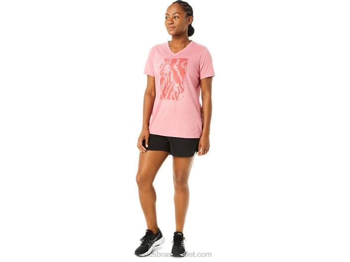 manga curta estampada decote v feminino 462T3707 urze rosa esfumado Asics