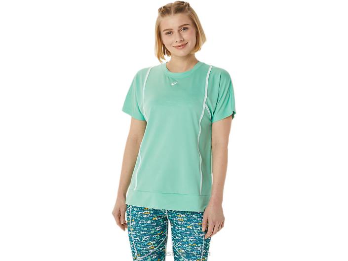 novo top de manga curta 92 forte para mulher 462T3055 espuma do mar/branco brilhante Asics