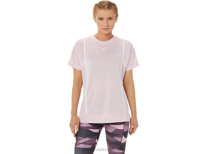 novo top de manga curta 92 forte para mulher 462T3269 quase rosa/branco brilhante Asics