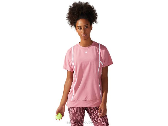 novo top de manga curta 92 forte para mulher 462T3817 rosa esfumado/branco brilhante Asics