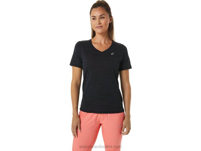 top de corrida feminino manga curta com decote em V 462T2448 desempenho preto/cinza carvão Asics