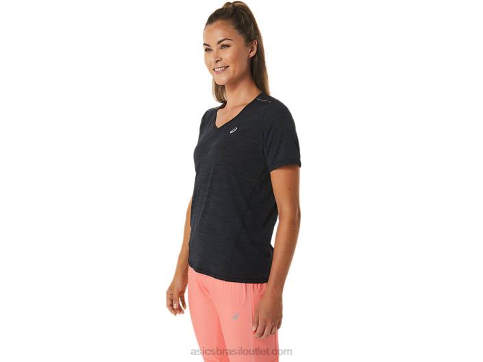 top de corrida feminino manga curta com decote em V 462T2448 desempenho preto/cinza carvão Asics