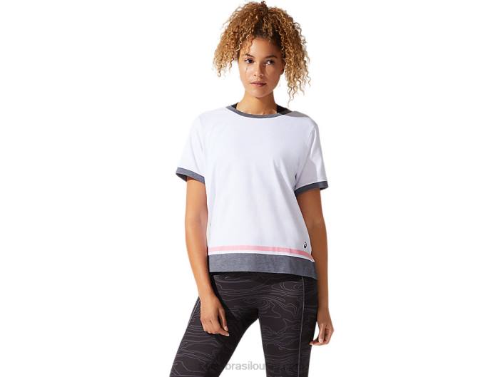 top de manga curta color block feminino 462T3978 branco brilhante/pétala de pêssego Asics