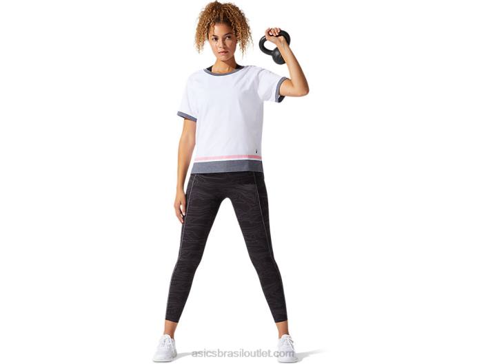 top de manga curta color block feminino 462T3978 branco brilhante/pétala de pêssego Asics