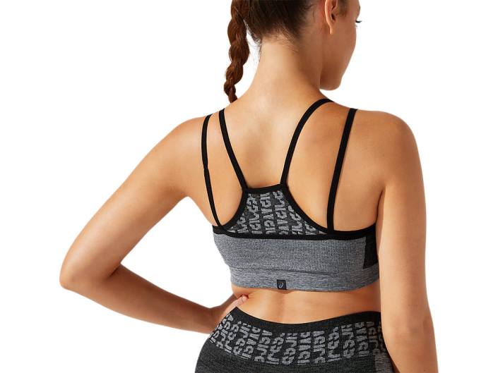 sutiã feminino sem costura com logo cropped 462T3928 desempenho preto/cinza grafite Asics