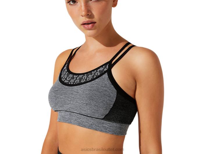 sutiã feminino sem costura com logo cropped 462T3928 desempenho preto/cinza grafite Asics